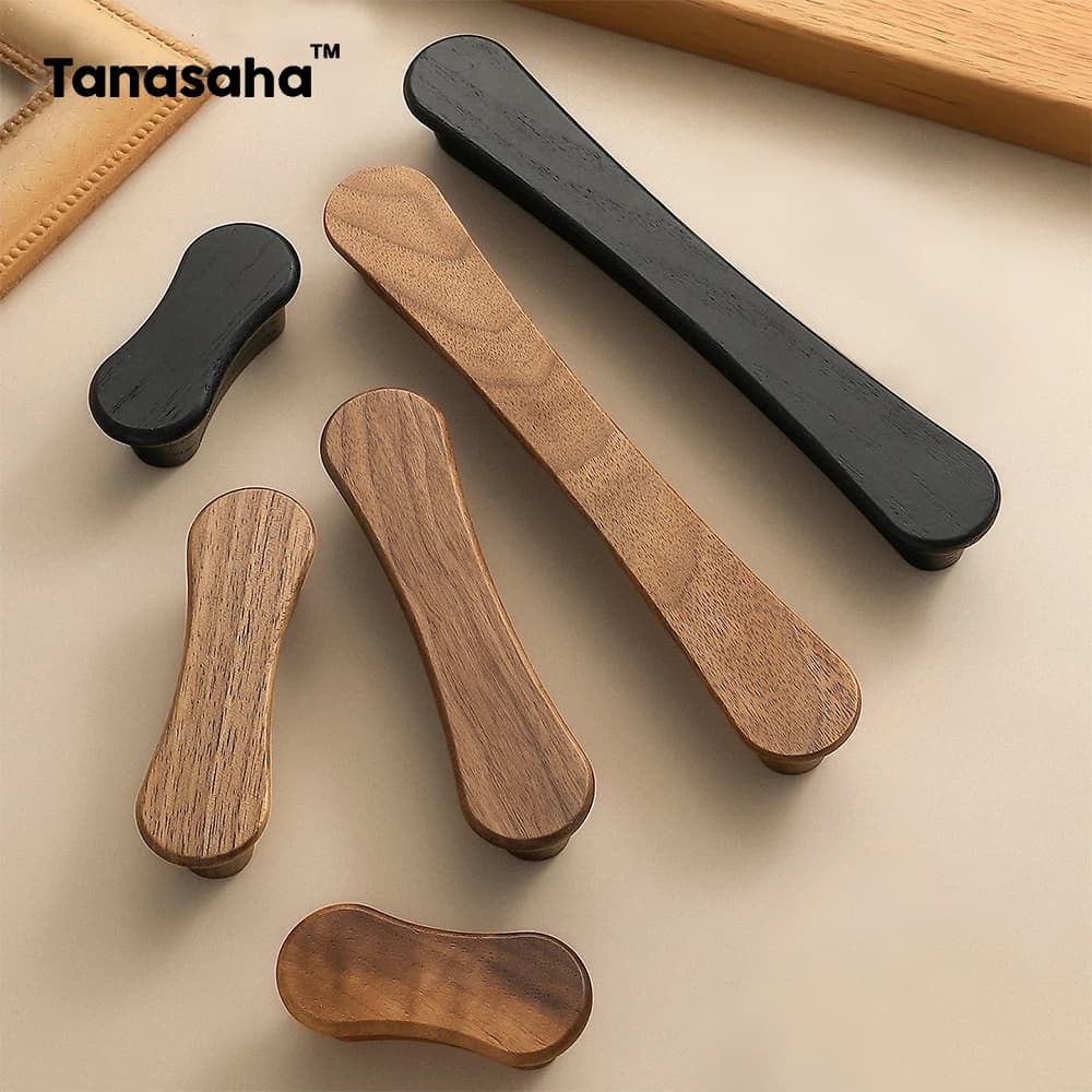 Black Walnut Cabinet Handles Wooden Drawer Pull Kitchen Cupboard Door Pulls Wardrobe Door Knob Furniture Hardware