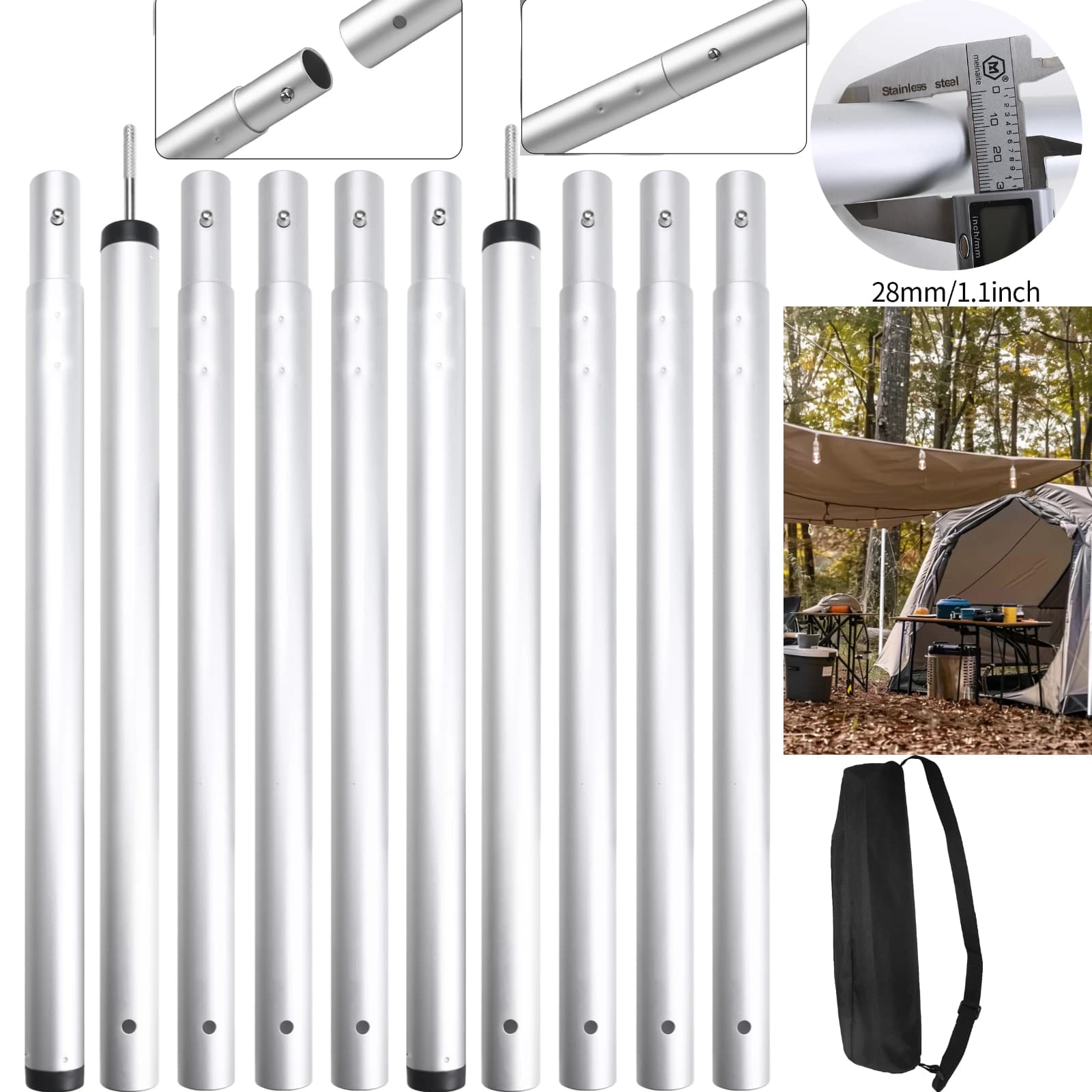 Aliuminum Alloy Telescoping Tent Poles Set of 2 Adjustable Camping Tarp Pole for Outdoor Canopy Sun Sail Awning Rain Shelter