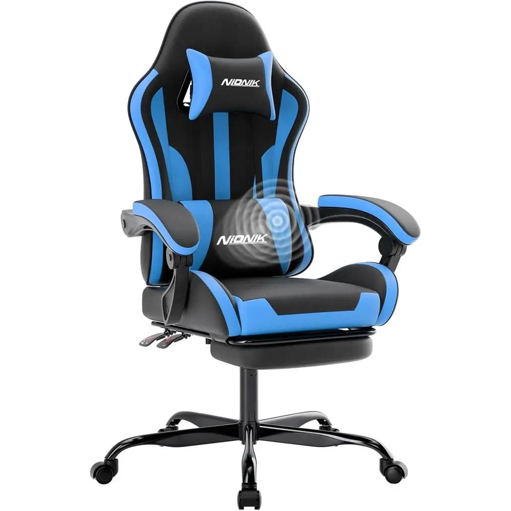 Sedia da Gaming Ergonomica Girevole con Poggiapiedi, Supporto Lombare, Altezza Regolabile, Nero-Blu