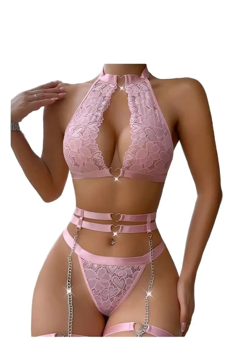 Set of sexy push-up lingerie in lace with garters and choker, bra with ferret and thong, set of women's underwear.