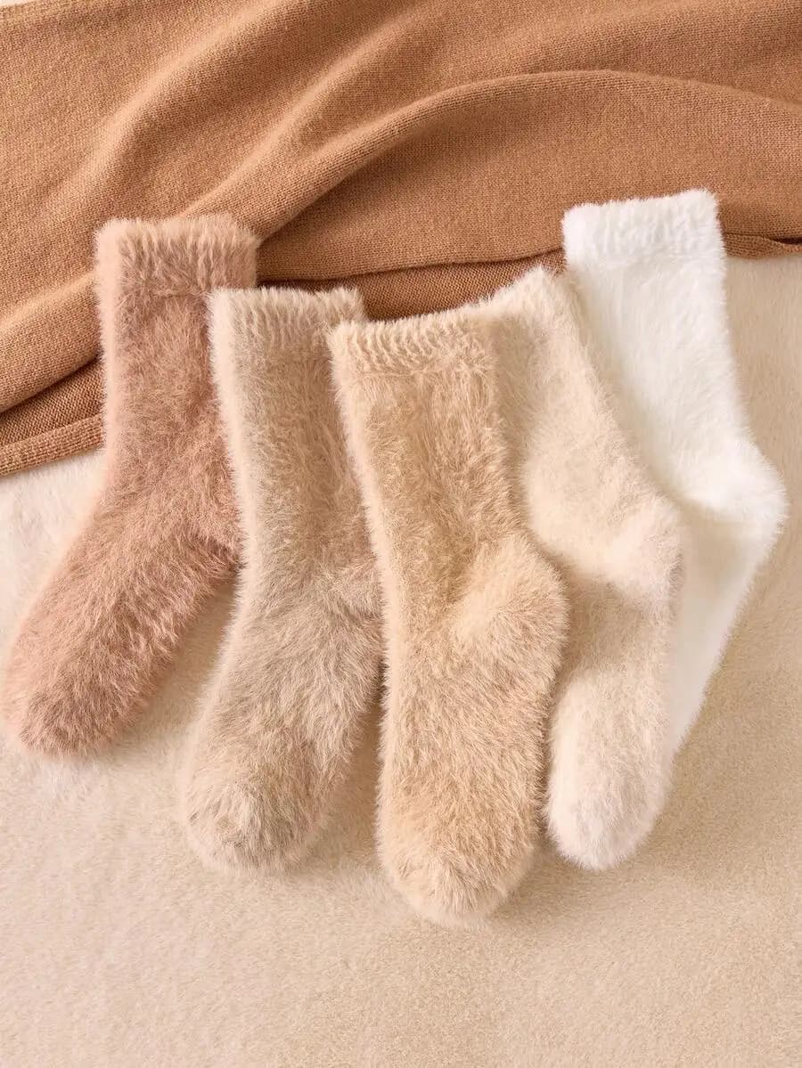4 Pairs Women Thick Warm Fleece Socks Minimalist Fluffy Mid-Calf Boat Socks For Home Autumn Winter