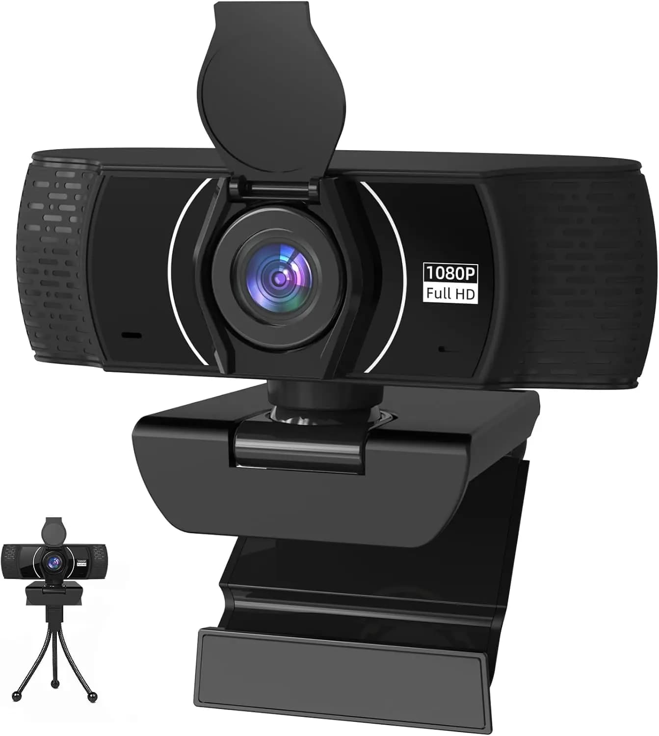 Webcam Full HD 1080P con microfono, 110 ° Obiettivo Grandangolare, Copertura Privacy, Treppiede, Correzione Automatica della Luce per Zoom, Skype, Teams