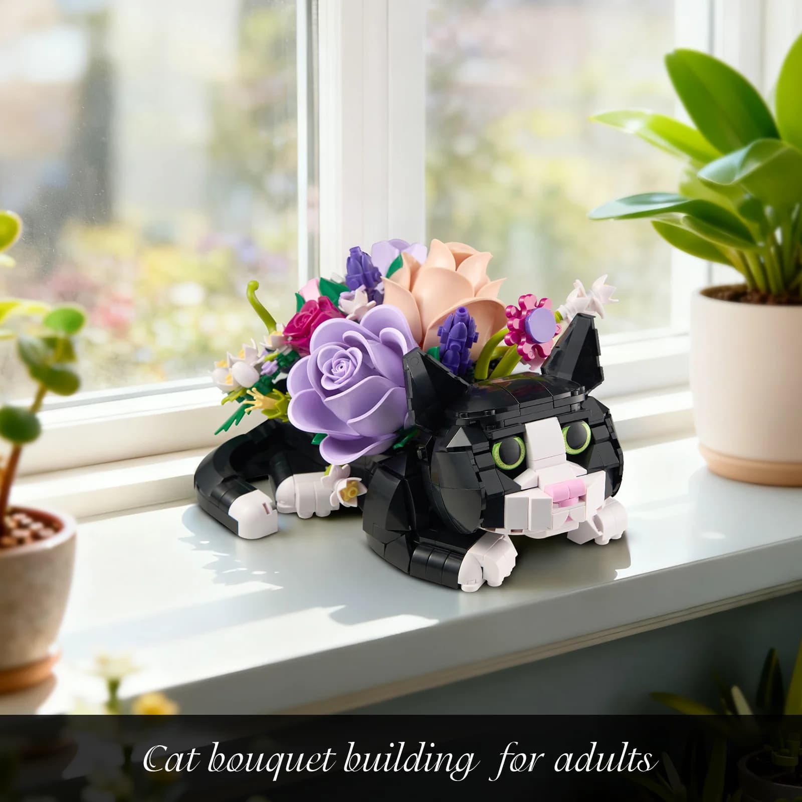 Tuxedo Cat Rose Bouquet Succulent Planter Building Blocks Set Cute Animal Flower Model Bricks Creative Home Decor Birthday Gift for Women