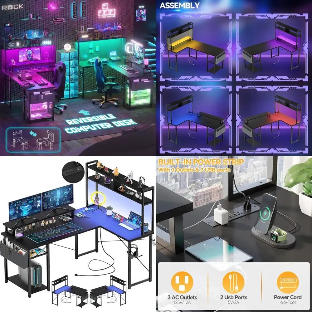 Small L Shaped Gaming Desk with LED Lights & Power Outlets, Reversible L-Shaped Computer Desk with Monitor Stand & Storage Shel,