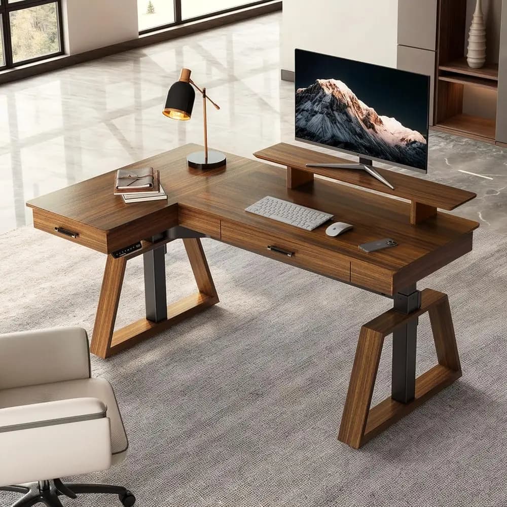 L Shaped Desk 63", Solid Walnut Wood Top, Executive Standing Desk Adjustable Height, Dual Motor Workstation with Ders & Monitor