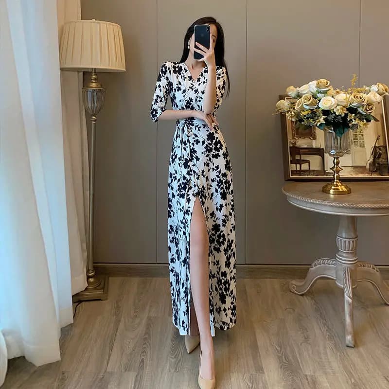 Maxi Dress Women French Style Bandage Elegant Floral Tunic A-line Harajuku Vestidos Tender Night Party Female Vintage V-neck BF