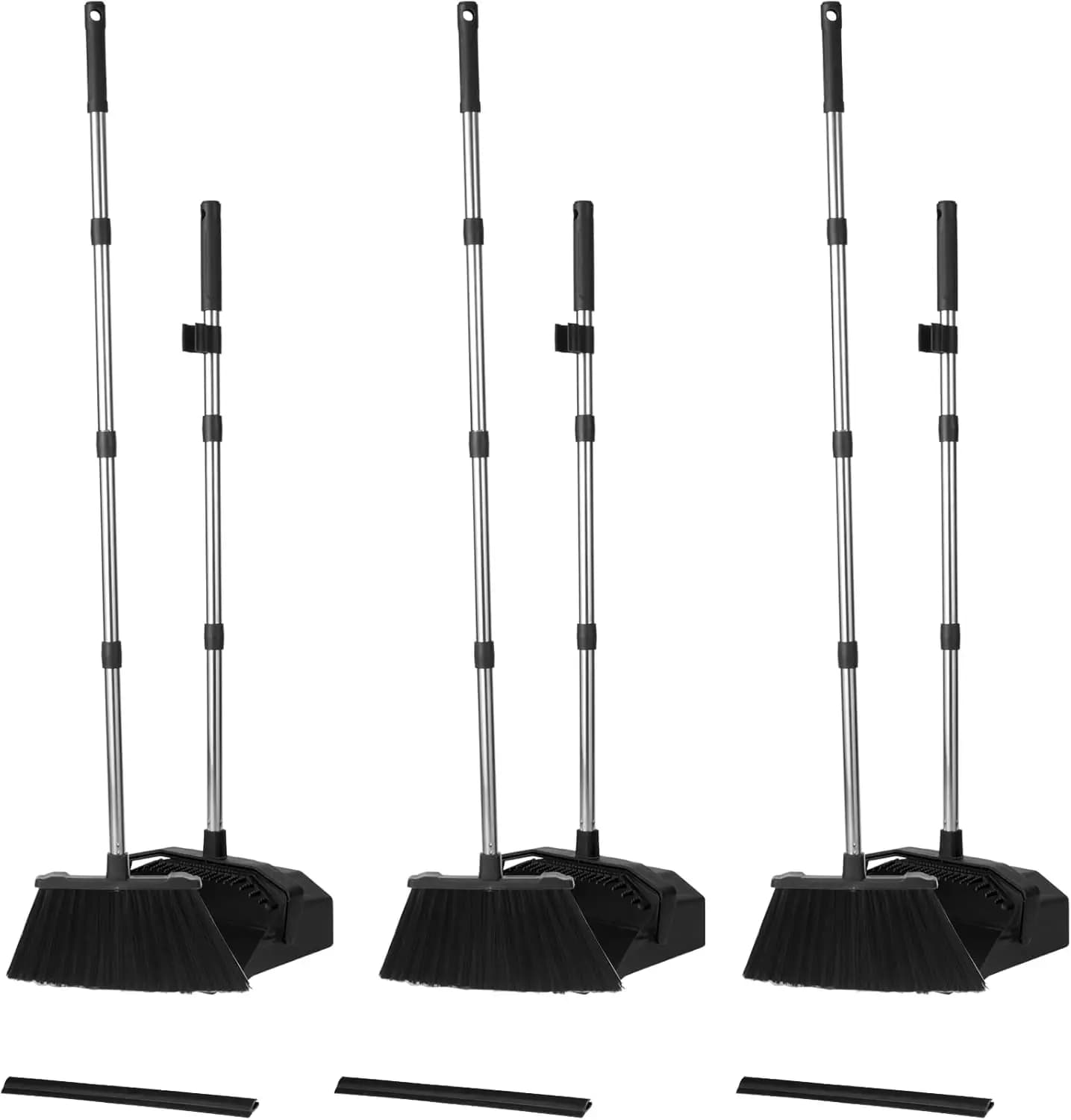 Set di 3 Scope e Paletta, Manico Lungo 51'' con Denti Autopulenti per Ristoranti e Garage - Nero