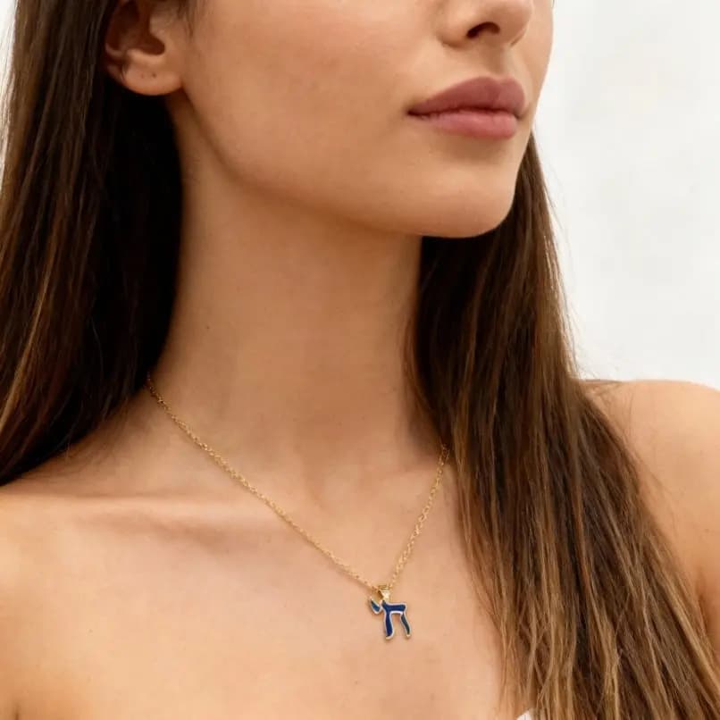 10 Pezzi Collana con Catena in Rame Smaltato, Alfabeto Ebraico Chai, Colore Oro Blu Scuro, 18+2 Pollici, Religiosa Kabbalah Ebraica
