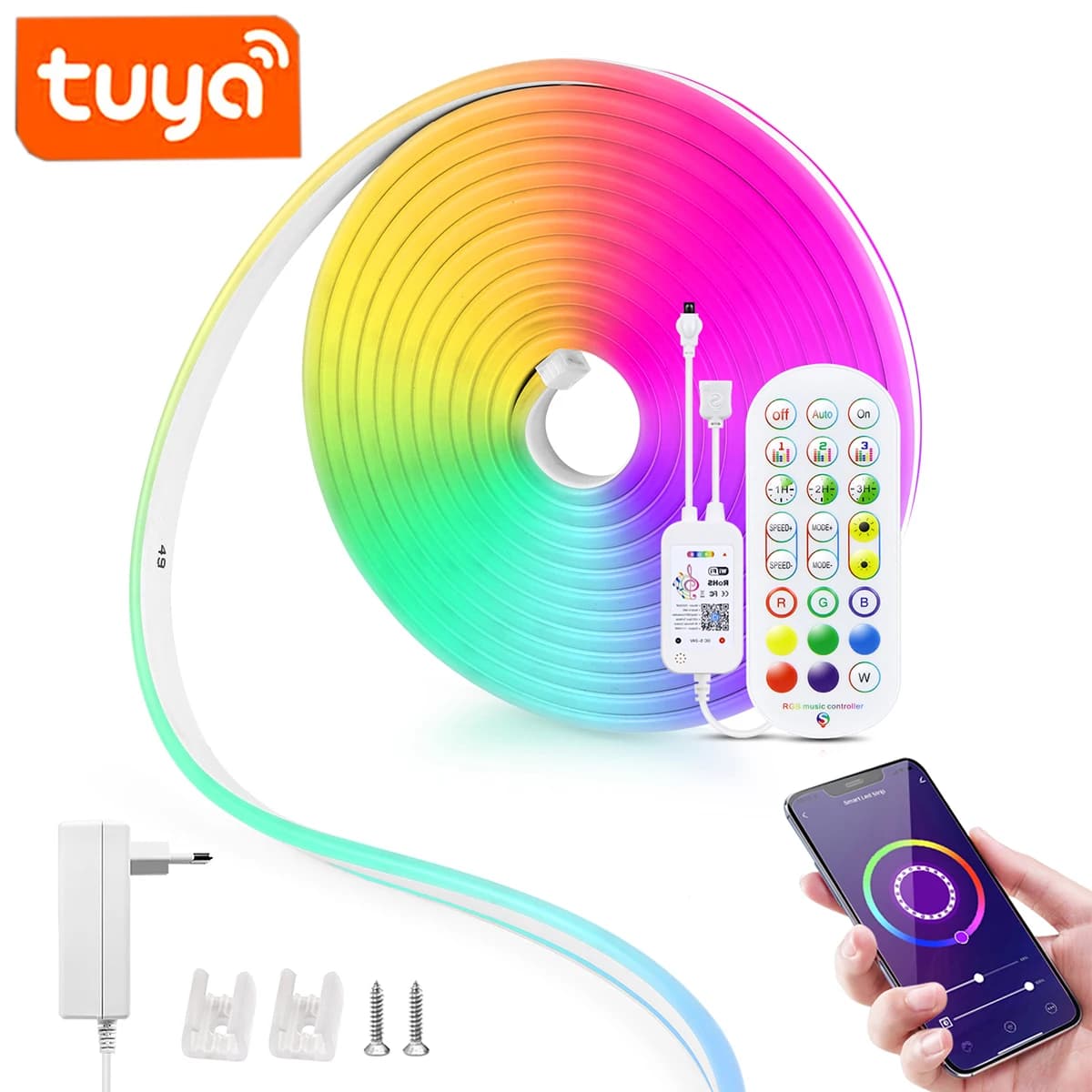Striscia LED al neon RGB WiFi con spina europea 12/24V, striscia al neon RGB 1/2/3/4/5/10/15M funziona con illuminazione Tuya/Smart Life/Alexa/Google Home Deco