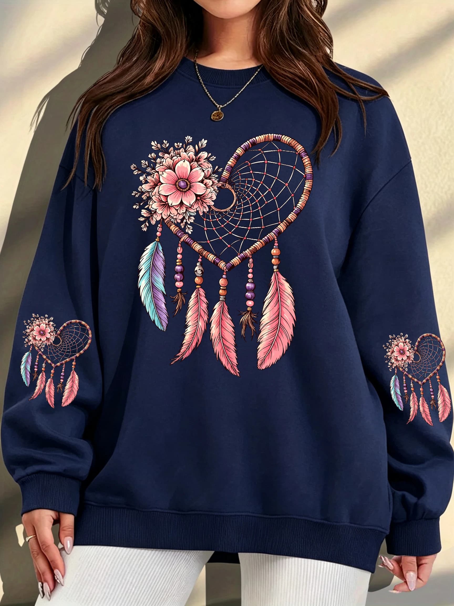 Heart Dreamcatcher Pink Floral Feathers Print Women Sweatshirt Jogging Sportswear Crewneck Loose Clothes Autumn Fleece Pullover