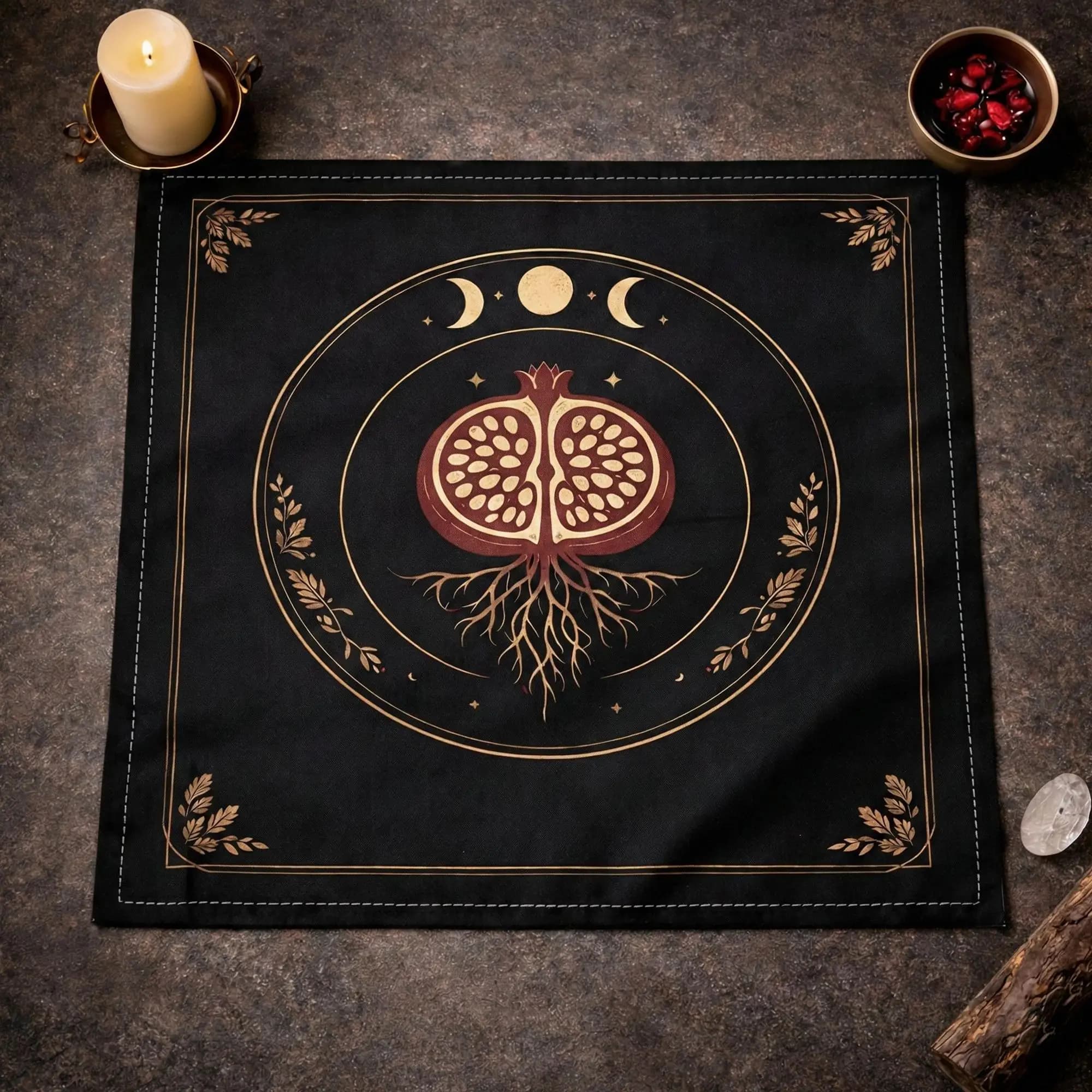 Tappetino per Carte dei Tarocchi Mistico Melograno, 1 pz, Stampa 2D in Poliestere, Telo Altare Impermeabile per Stregoneria e Divinazione, Fasi Lunari e Radici
