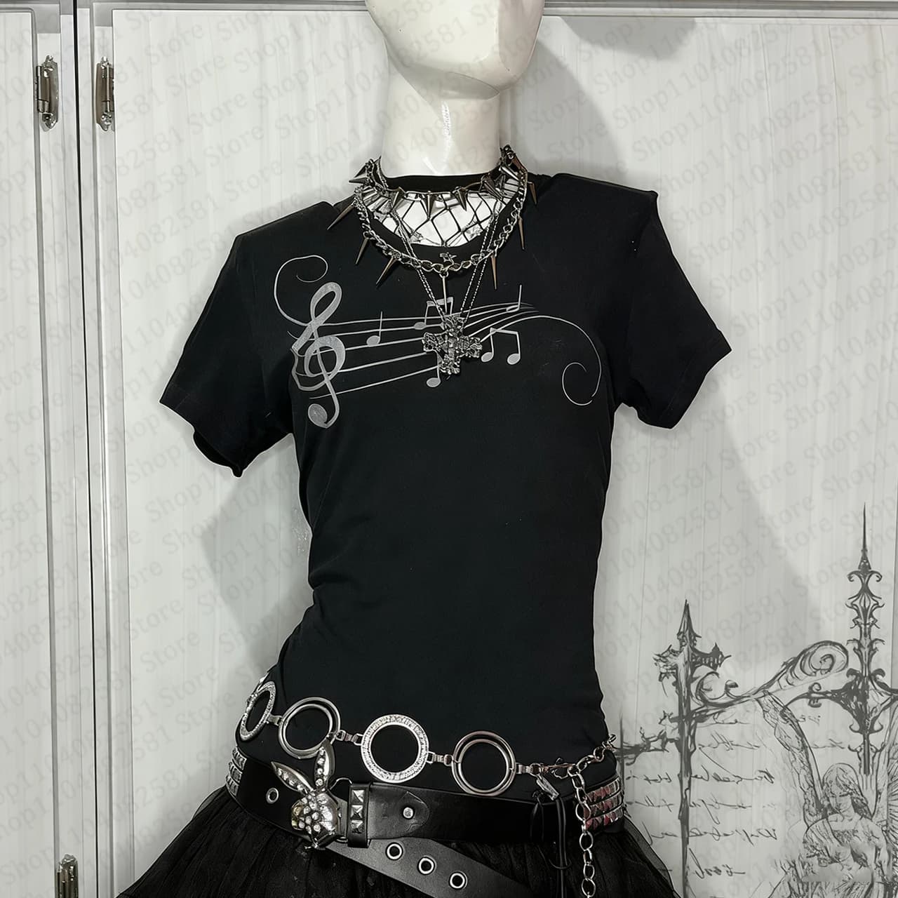 Women's Y2K retro 2000 Harajuku summer casual T-shirt with exposed collar and unique printed street fashion street style emo