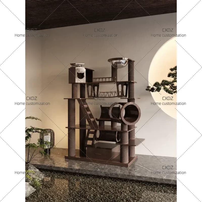 Large Solid Wood Cat Climbing Frame Luxury Cat Villa Okoume Black Walnut Spray Paint Multi Level Cat Tree House Furniture