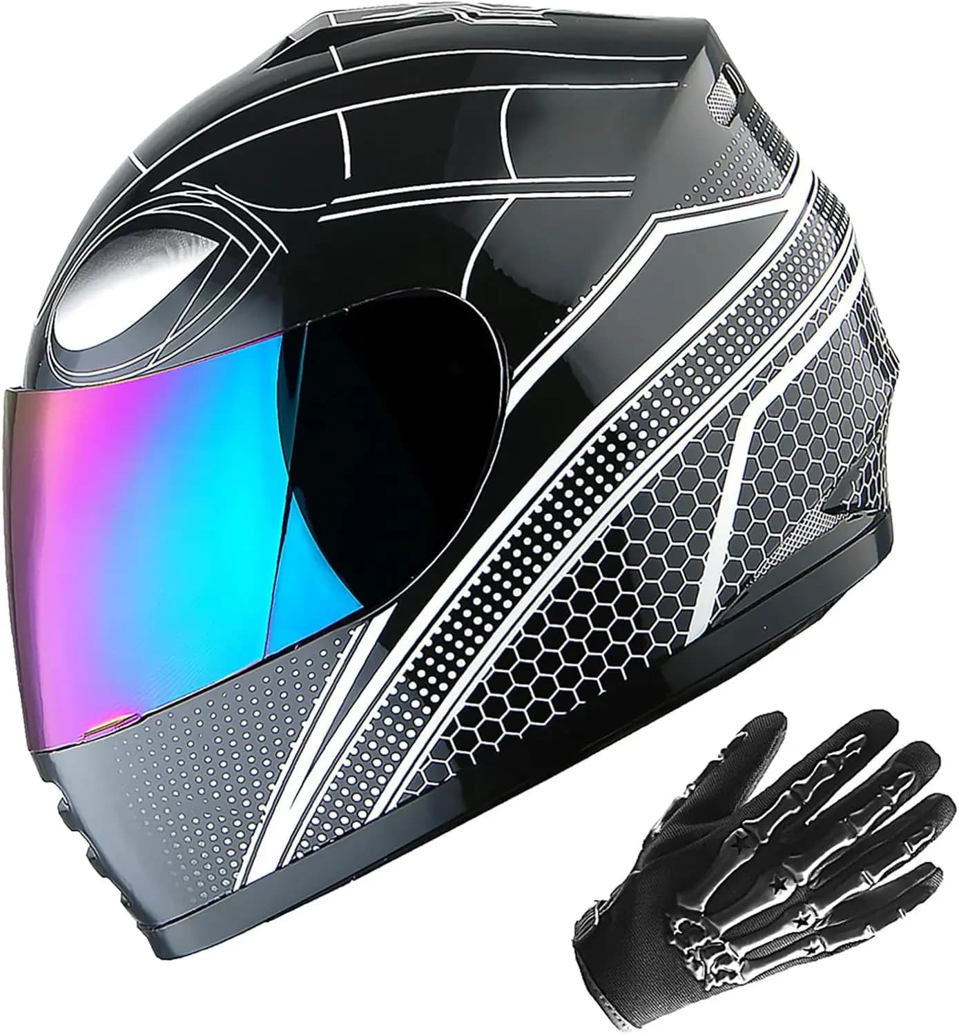 Casco integrale per moto giovanile Street Bike BMX MX Kids Spider All Black MX Skeleton Guantoni Bundle