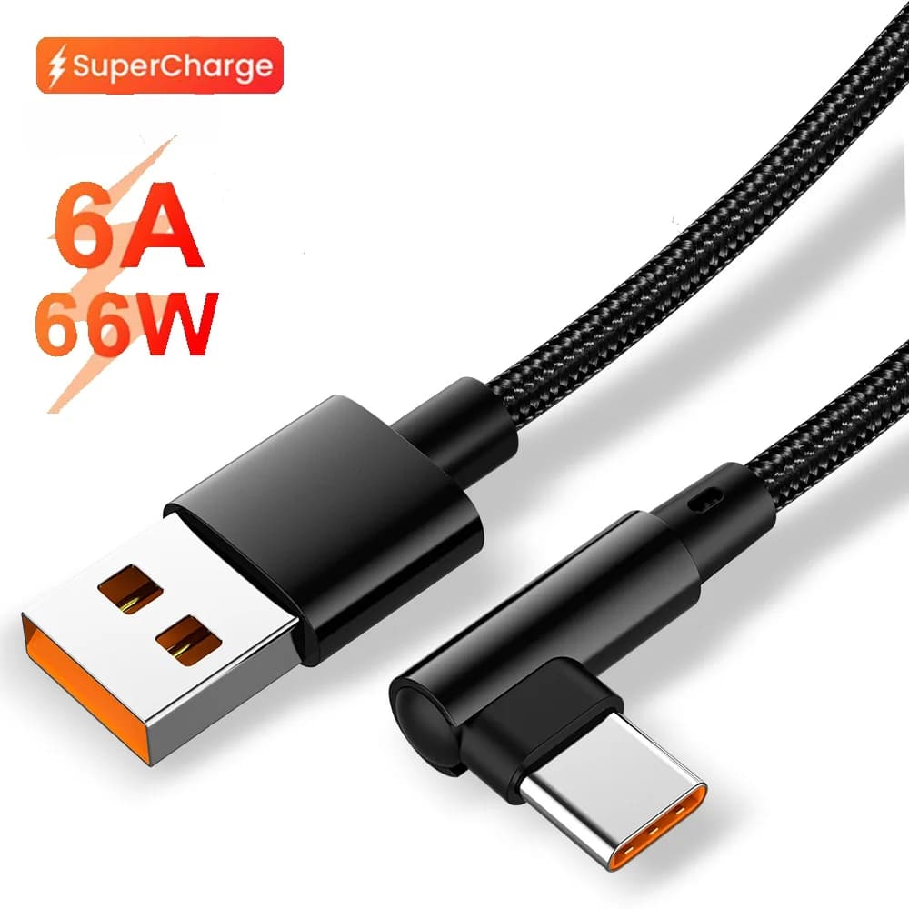 Cavo di ricarica USB C a 90 gradi 6A 66W per cellulare, cavo dati USB Type C a ricarica super rapida per Xiaomi 17 15 Huawei Samsung