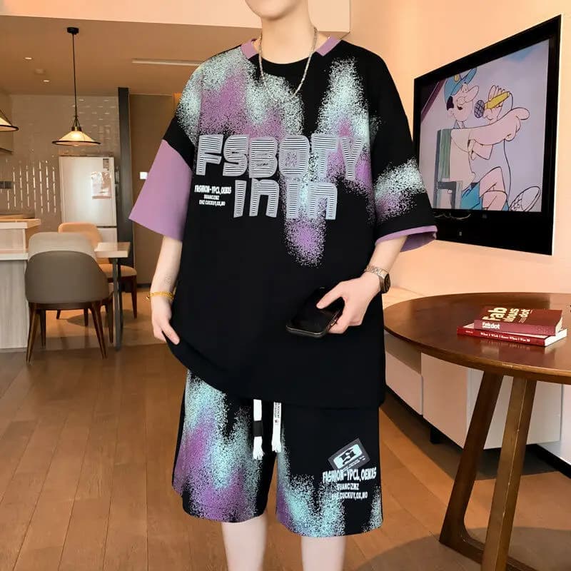 Set di T-Shirt Sportive Tie-Dye a Maniche Corte con Collo Rotondo per Uomo, Abbigliamento Casual Estivo in Fibra di Poliestere, Set Completo