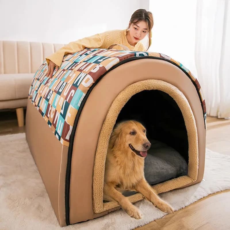 2025 Nuova cuccia per cani invernale calda per cani di grandi dimensioni casa per cani di grandi dimensioni chiusa invernale rimovibile dorata per animali domestici uso quattro stagioni