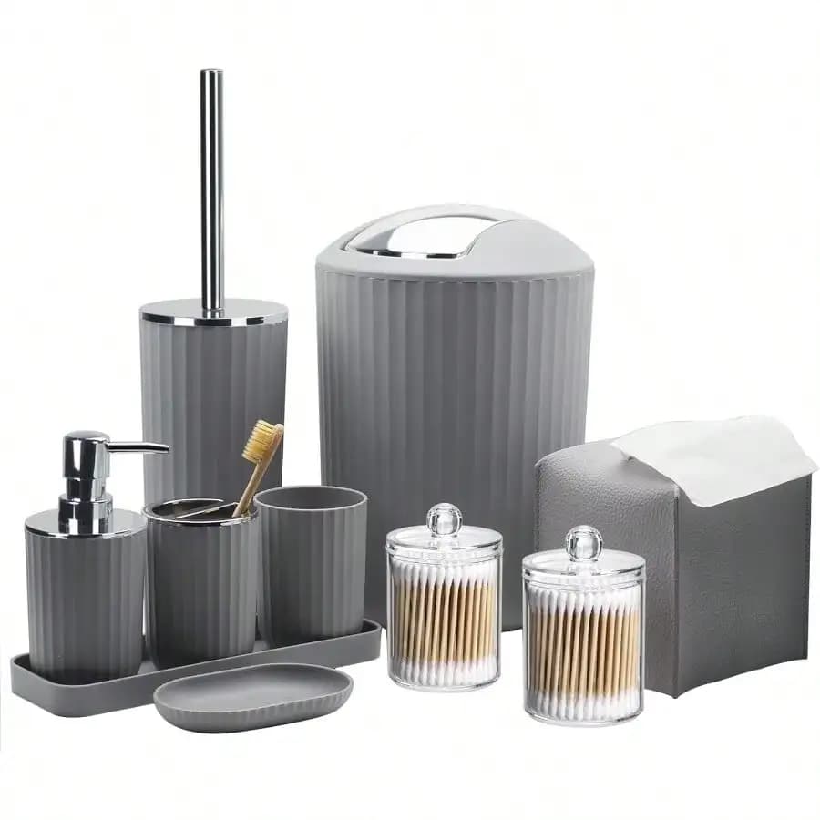 Set di accessori da bagno grigio da 10 pezzi con cestino, portaspazzolino, tazza, dispenser per sapone e portasapone