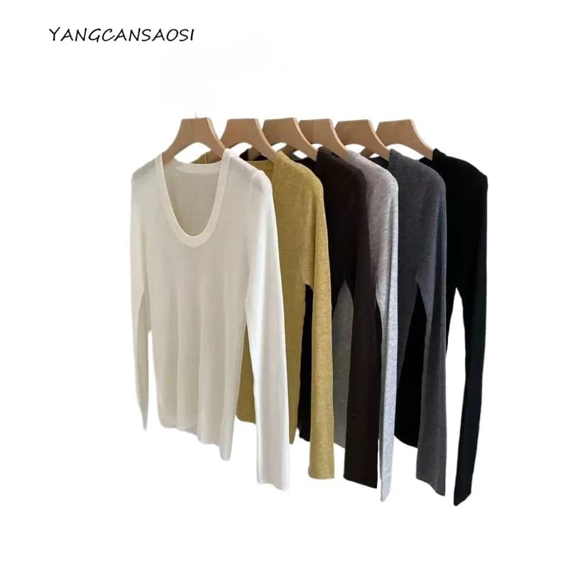 2025 Autunno/Inverno da donna Nuovo 16 aghi 48 fili di lana di gelso naturale di seta con scollo a U maglione lavorato a maglia pullover dimagrante