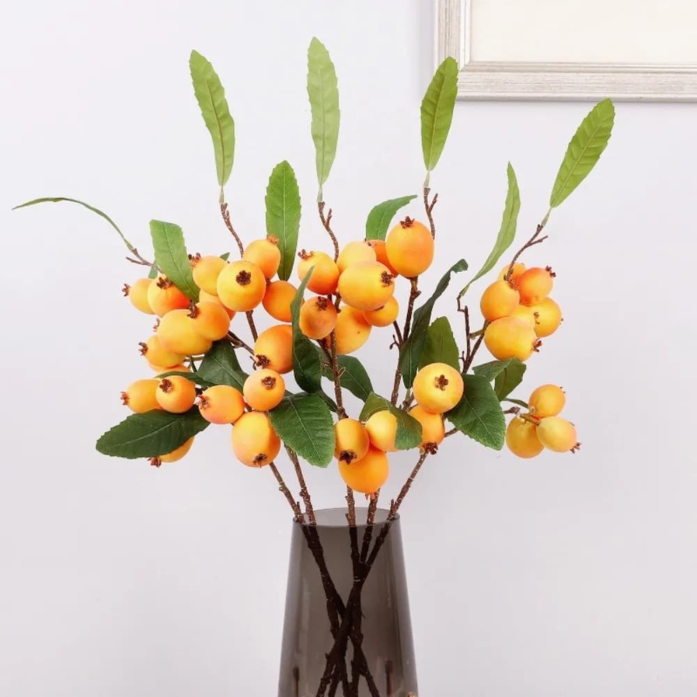 Green Leaves Artificial Loquat Fruit Branch Faux Loquat Plastic Simulation Fruit Tree Luxury Elegant Fake Plants
