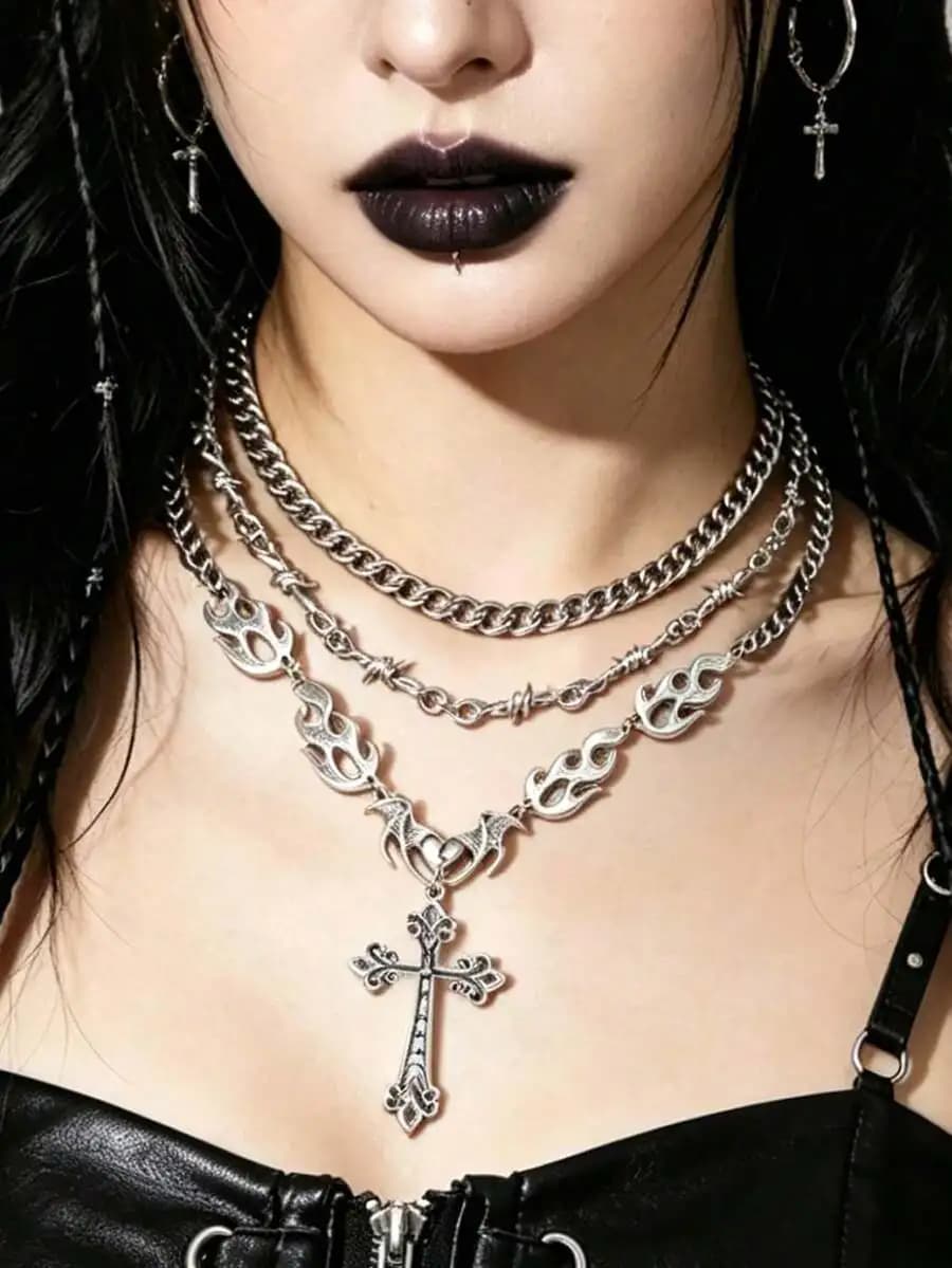 3pcs Gothic Layered Chain Necklace Set With Cross And Flame Pendant For Women