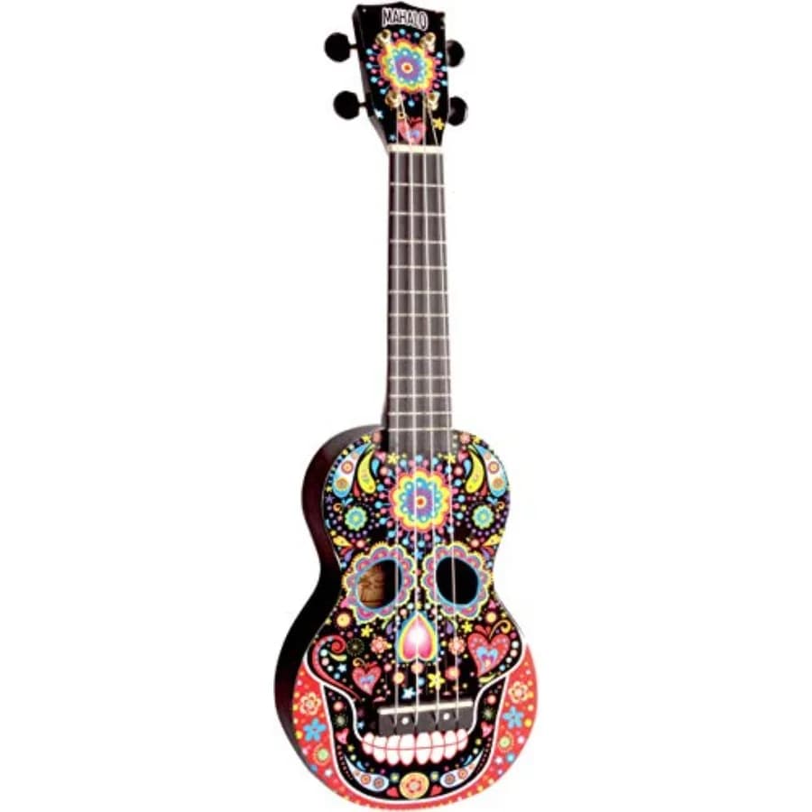 Dia de Muertos soprano ukulele for performance, mahogany body, black finish, lightweight and resonant