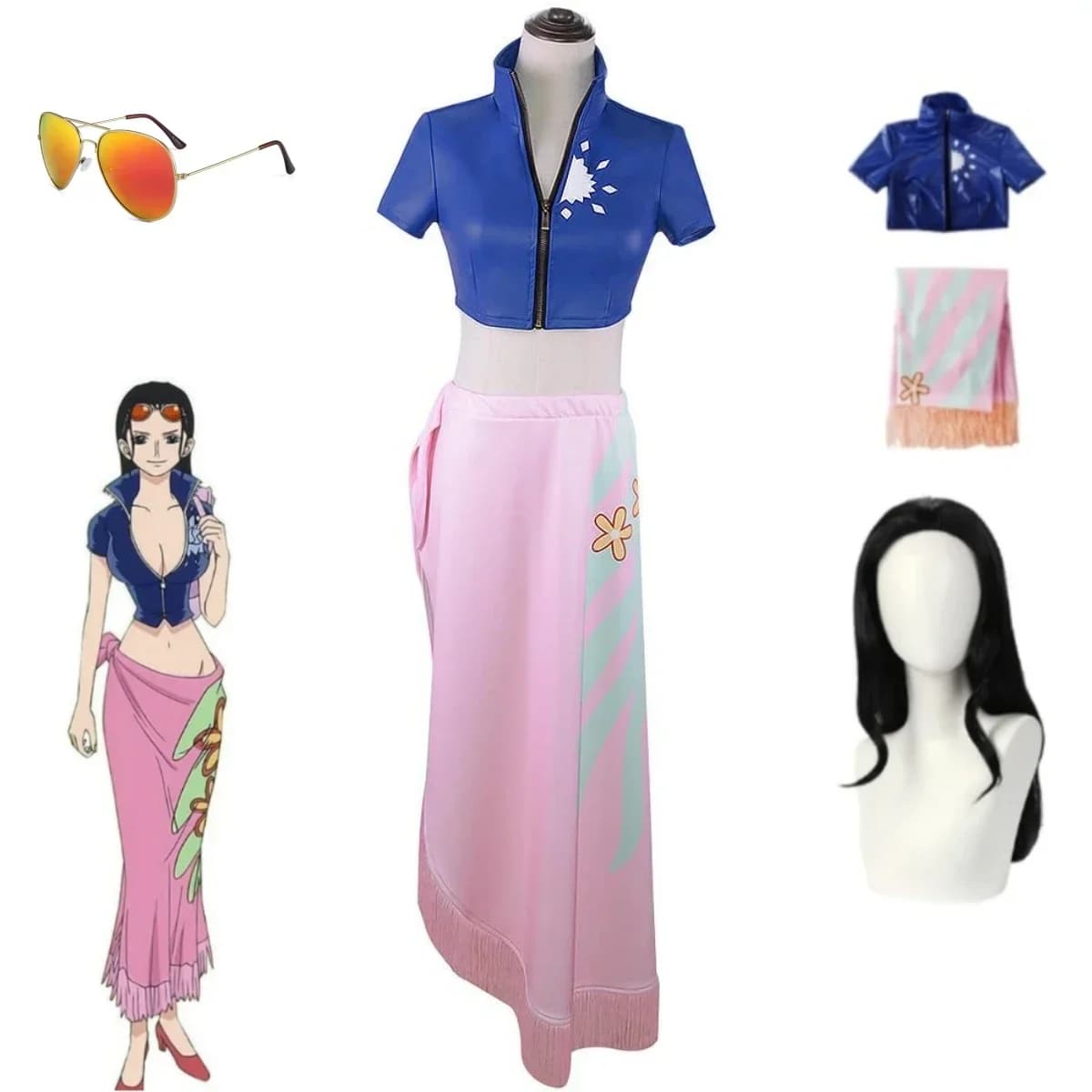 Costume da Cosplay Femminile di Nico Robin, Set Kimono per Feste, Parrucca e Occhiali, Abito per Halloween, Carnevale, Esposizioni Anime e Spettacoli
