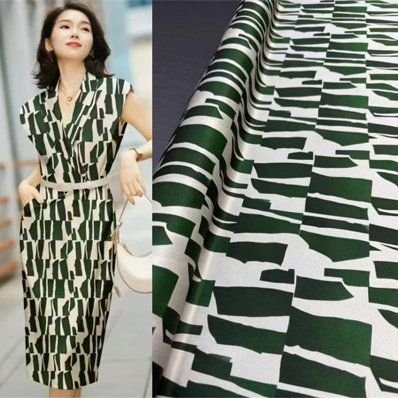140cm Width Elastic Twill Satin B's New Green Block Printed Clothing Material Light Luxury Handmade DIY Shirt Dress Silk Fabric
