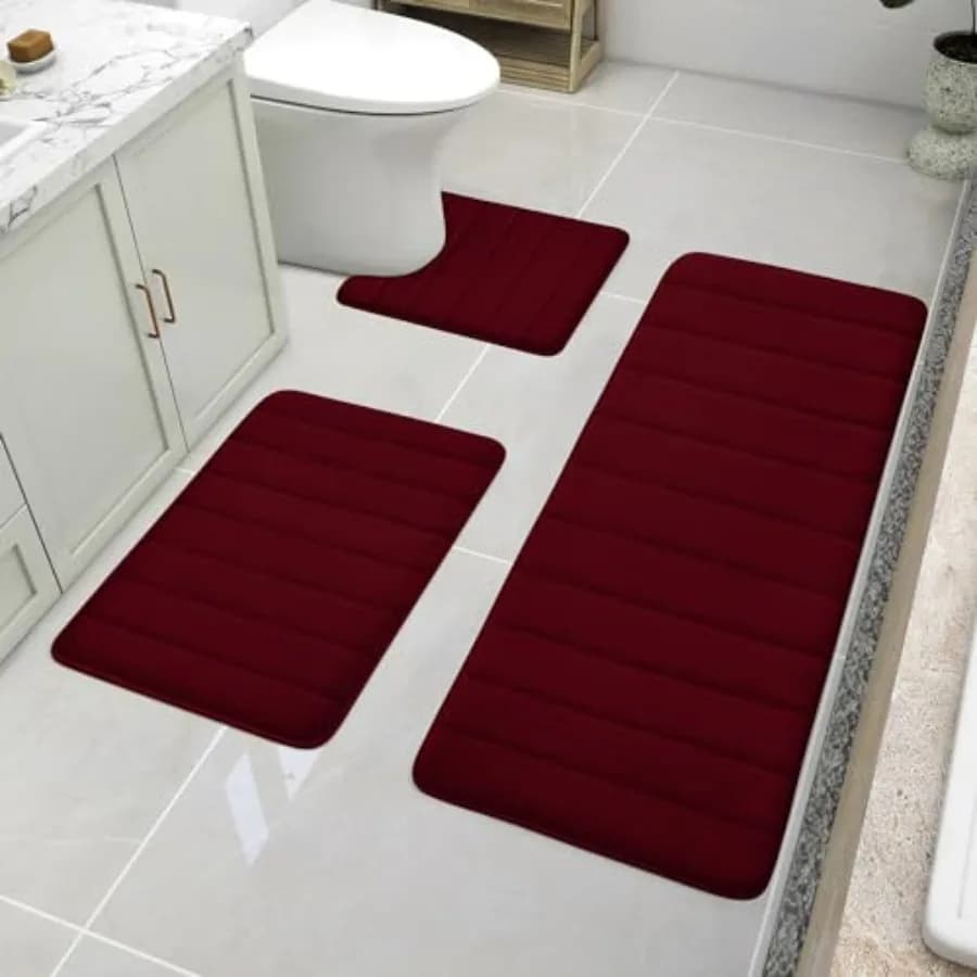 Tappetini da Bagno in Memory Foam Bordeaux Antiscivolo Extra Morbidi Assorbenti Lavabili in Lavatrice Set 3 Pezzi 20"x32"+24"x44"+Tappeto a U