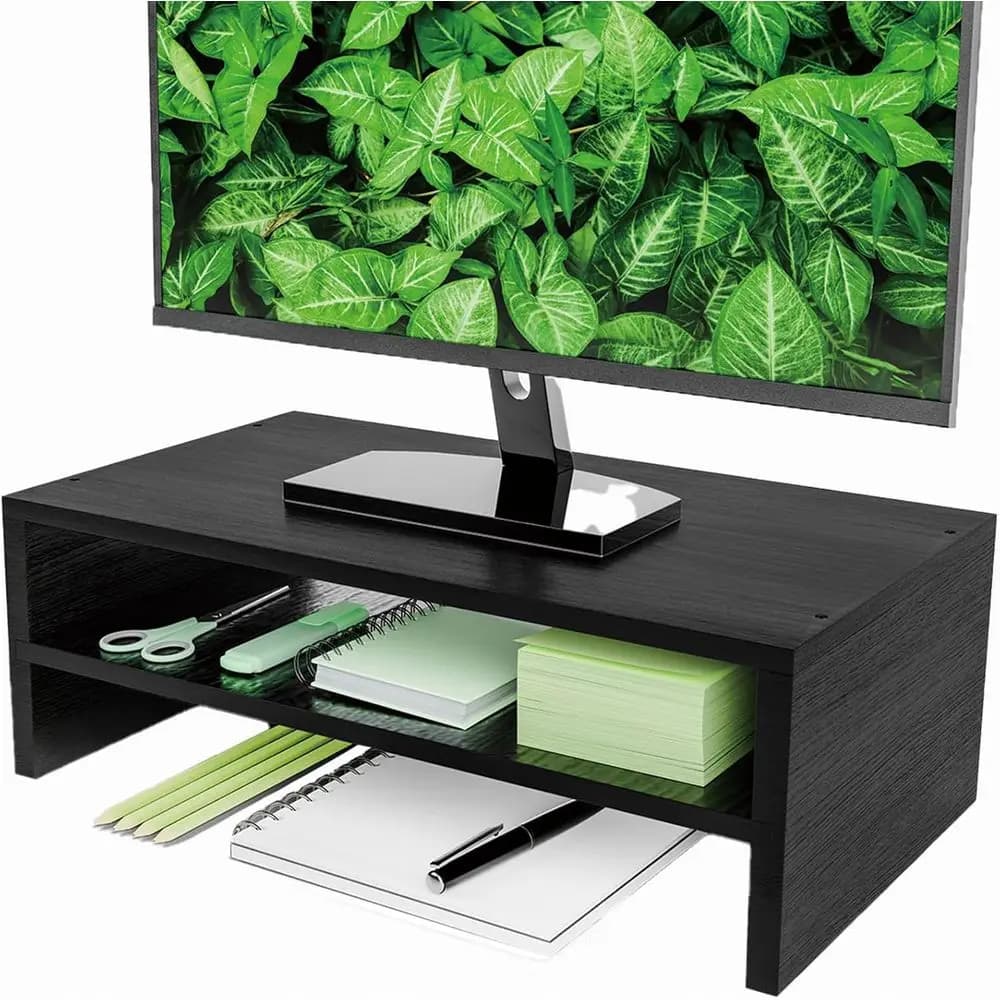 Dual-Level Wooden Desk Organizer Stand for Laptop and Office Supplies, Black