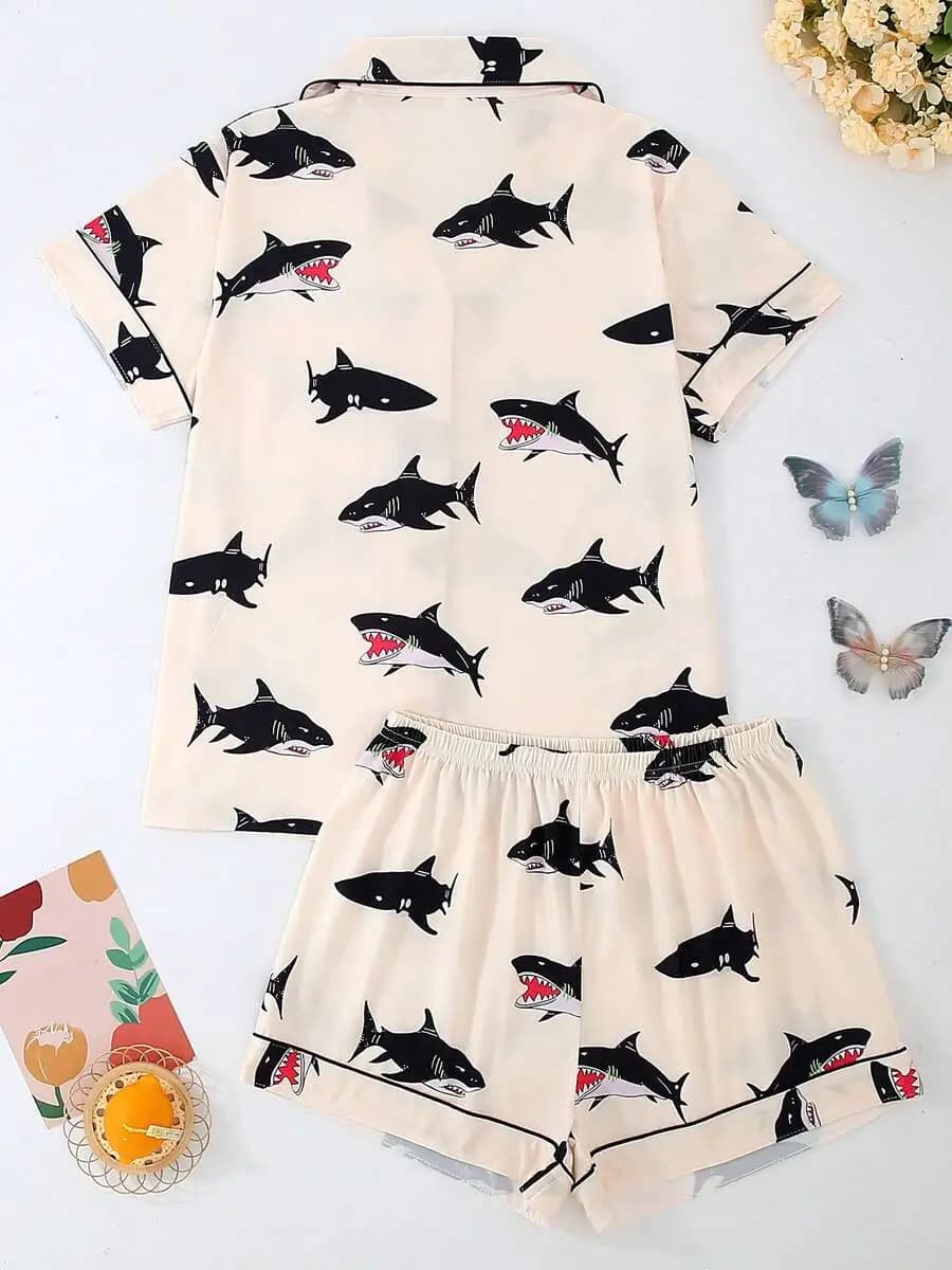Women Short Sleeve Pajama Set With Shark Print Turn-Down Collar Loose Fit Comfortable Sleepwear
