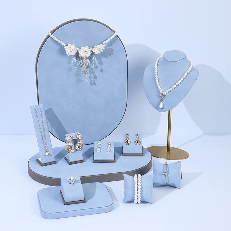 Light Blue Microfiber Jewelry Display Set, Necklace Bust Ring Earring Watch Display Stand, Jewelry Shop Counter Photography Prop