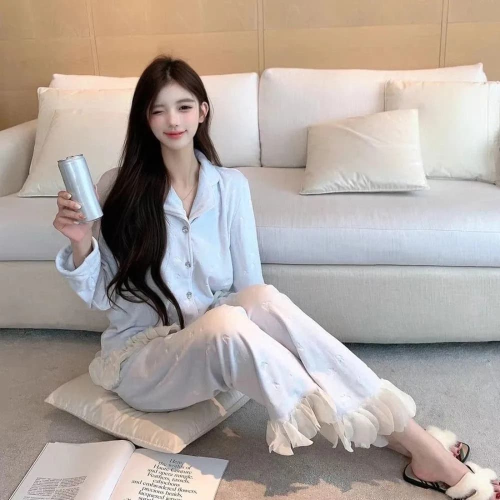 Elegant Long Sleeve Bow Pajamas Set Sweet Winter Velvet Pajamas Suit Casual Home Wear Warm Thicken Sleepwear Home