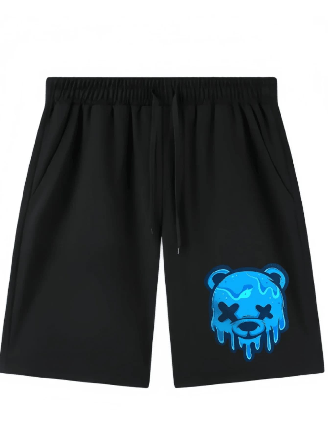 Pantaloncini da uomo neri con coulisse e grafica orso blu neon, abbigliamento sportivo casual traspirante per palestra e uso quotidiano