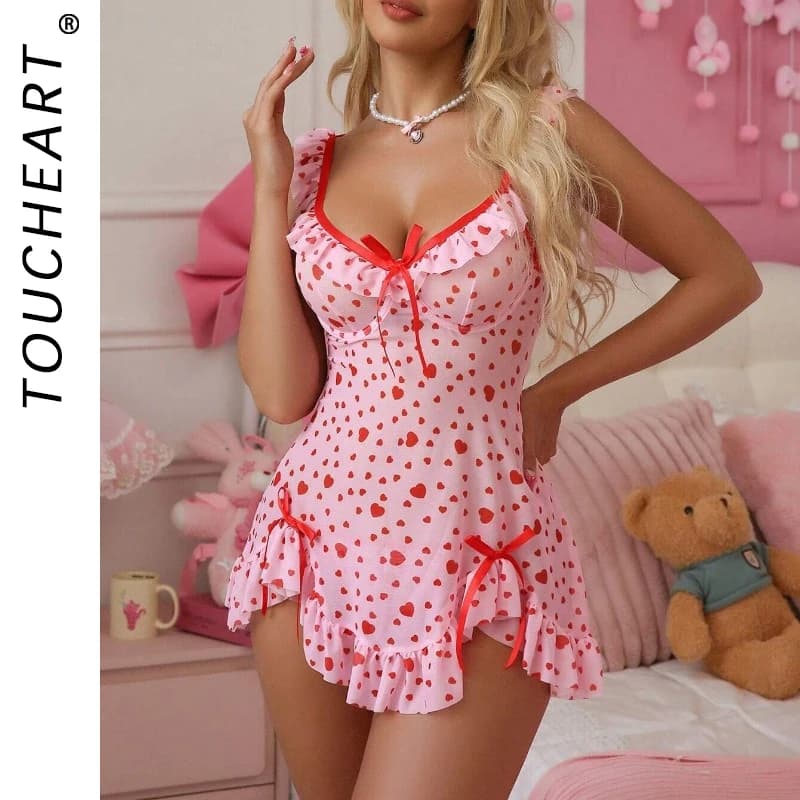 Toucheart Abito intimo sexy per donna Camicia da notte con fionda Rosa Amore Stampa Carino dolce Pigiama puro Perizoma sexy Abito da notte da donna