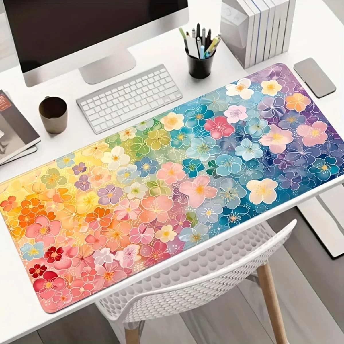 Tappetino da scrivania con stampa floreale vivace, tappetino per mouse in gomma antiscivolo con superficie liscia, per decorazioni per ufficio e gaming