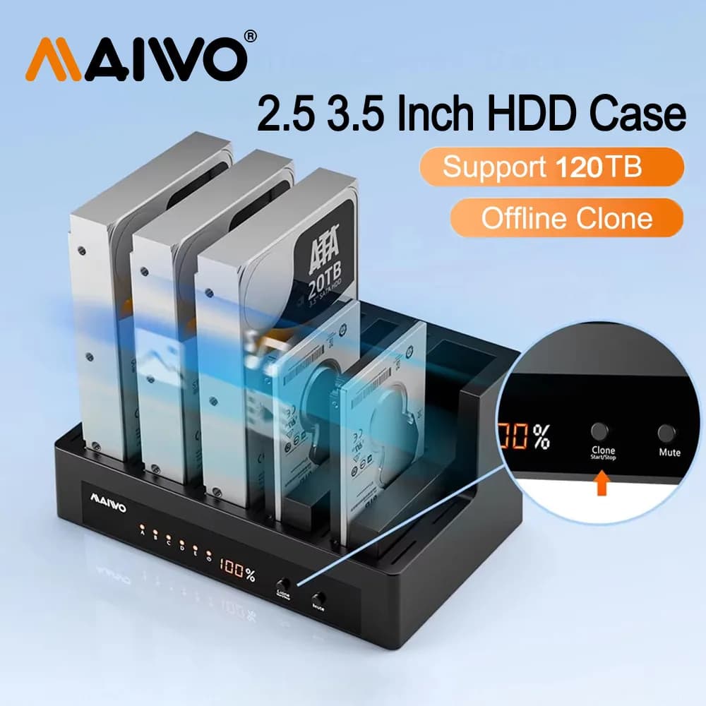MAIWO Docking station per disco rigido esterno a 5 alloggiamenti Clone offline per dock HDD SATA HDD/SSD USB3.0 HDD da 2,5'' 3,5'' con LED digitale