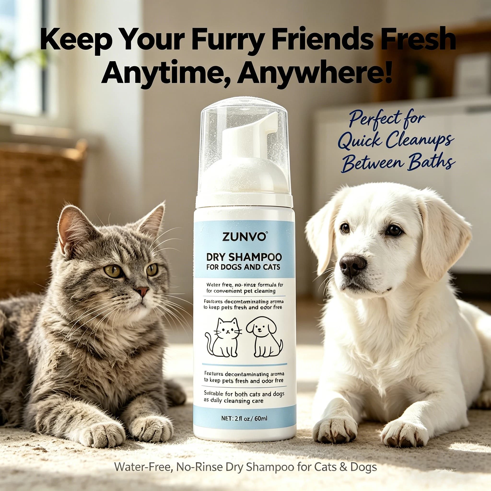 Shampoo a secco senza acqua per cani e gatti, detergente in schiuma senza risciacquo