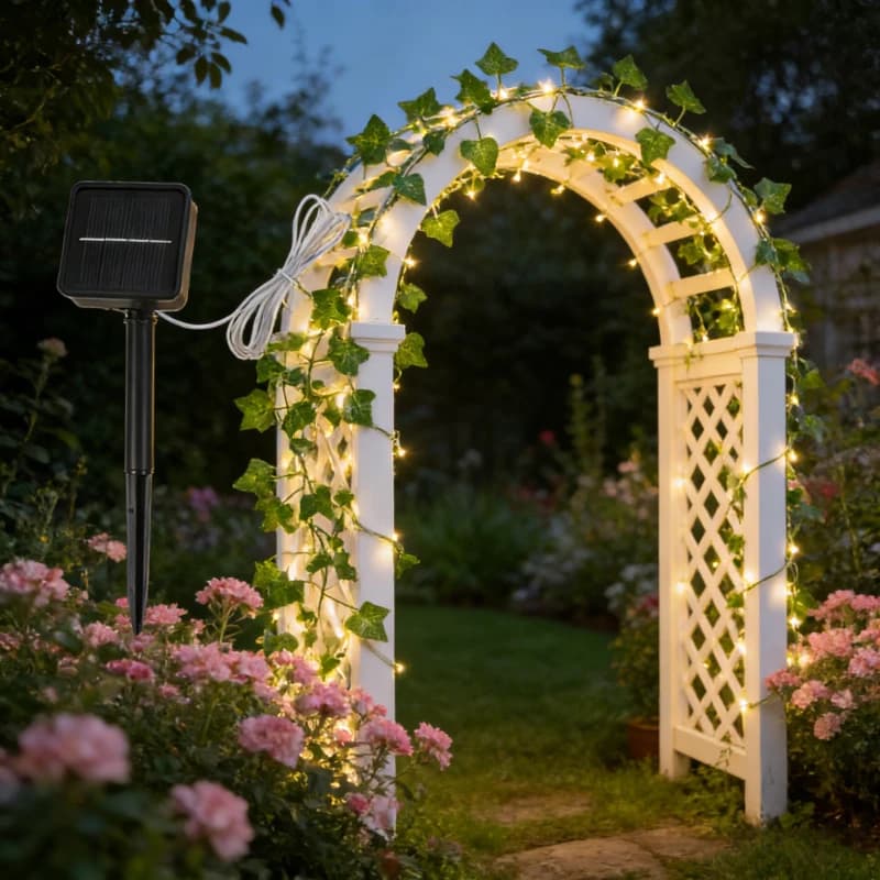 Luci Solari a Stringa per Esterni, Bianco Caldo, 8 Modalità, Impermeabili, a Forma di Foglia, per Patio, Giardino, Feste, Matrimoni