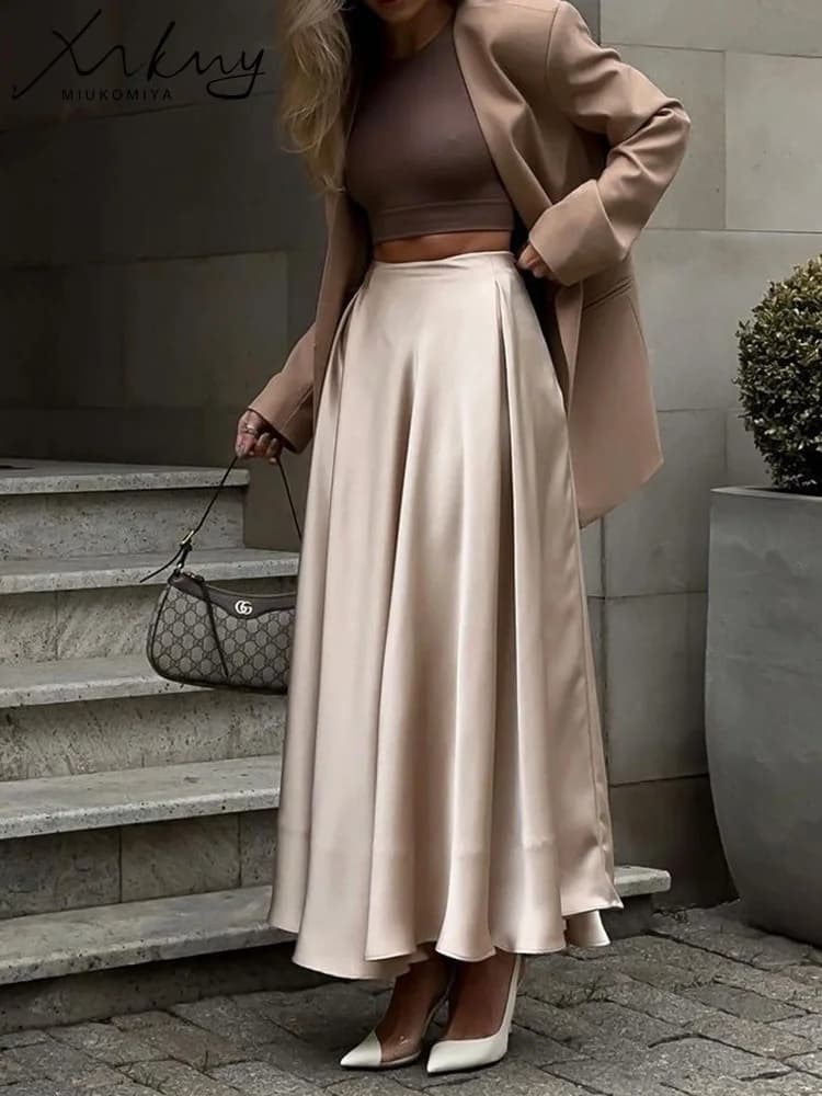MiuKoMiYa Long skirts in satin for women High waist A-line Solid skirt Woman Khaki Fashion Woman Maxi white silk skirts