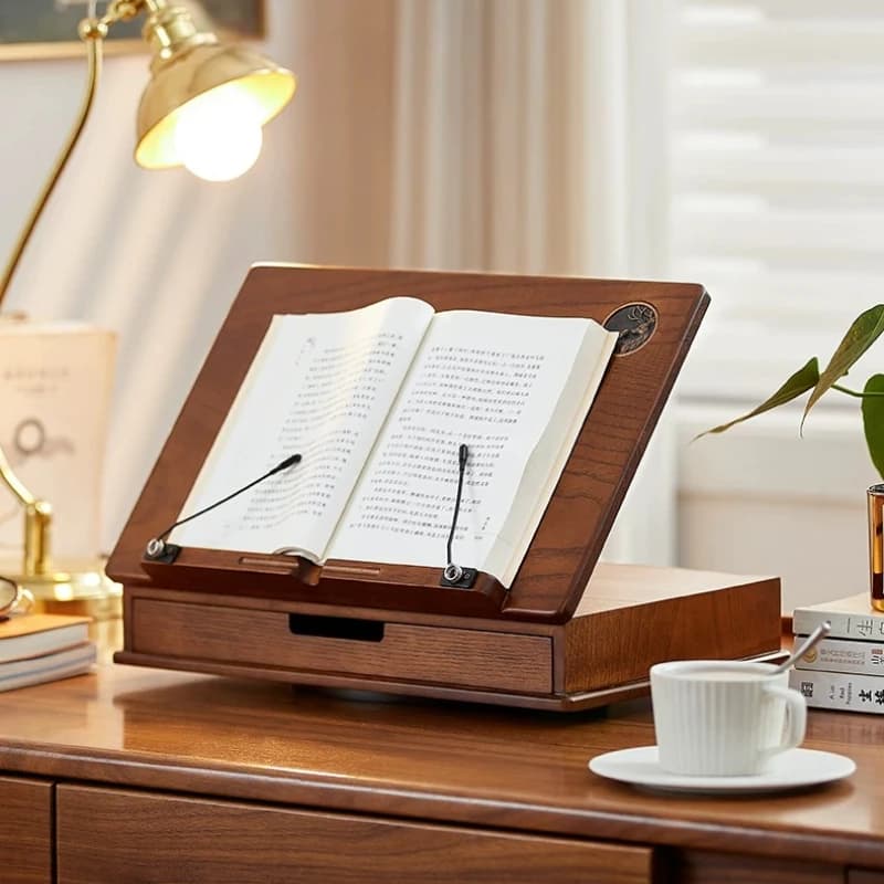 ✨Solid Wood Book Stand for Reading with Storage Drawer - Heavy Duty Stable Book Holder for Kids Textbook, Laptop and Office Desk