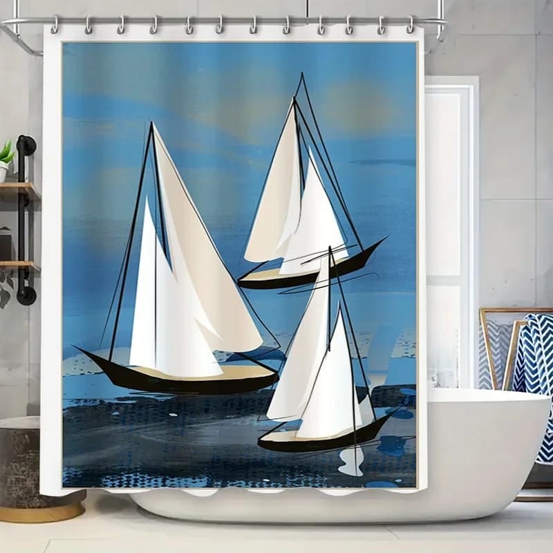 Blue Sailboat Shower Curtain Waterproof Polyester Fabric Decorative Bath Room Wall Hanging Home Decoration