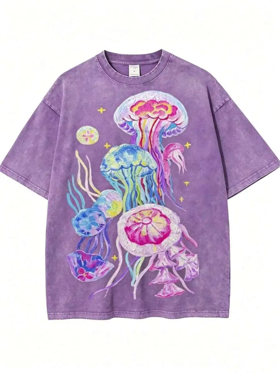 T-shirt in cotone lavato con stampa meduse, unisex, casual, girocollo, manica corta