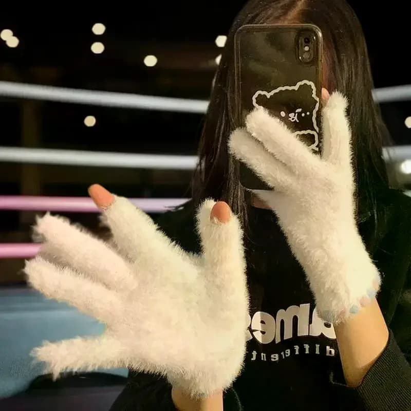Simpatici guanti a cinque dita in peluche con touch screen a dita aperte per le donne in inverno, velluto caldo e spesso per gli studenti in bicicletta