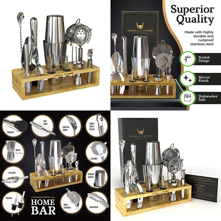 13-Piece Boston Cocktail Shaker Set Stainless Steel Mixology Bartender Kit With Stand For Home Bar Cocktail Set Laser Engraved