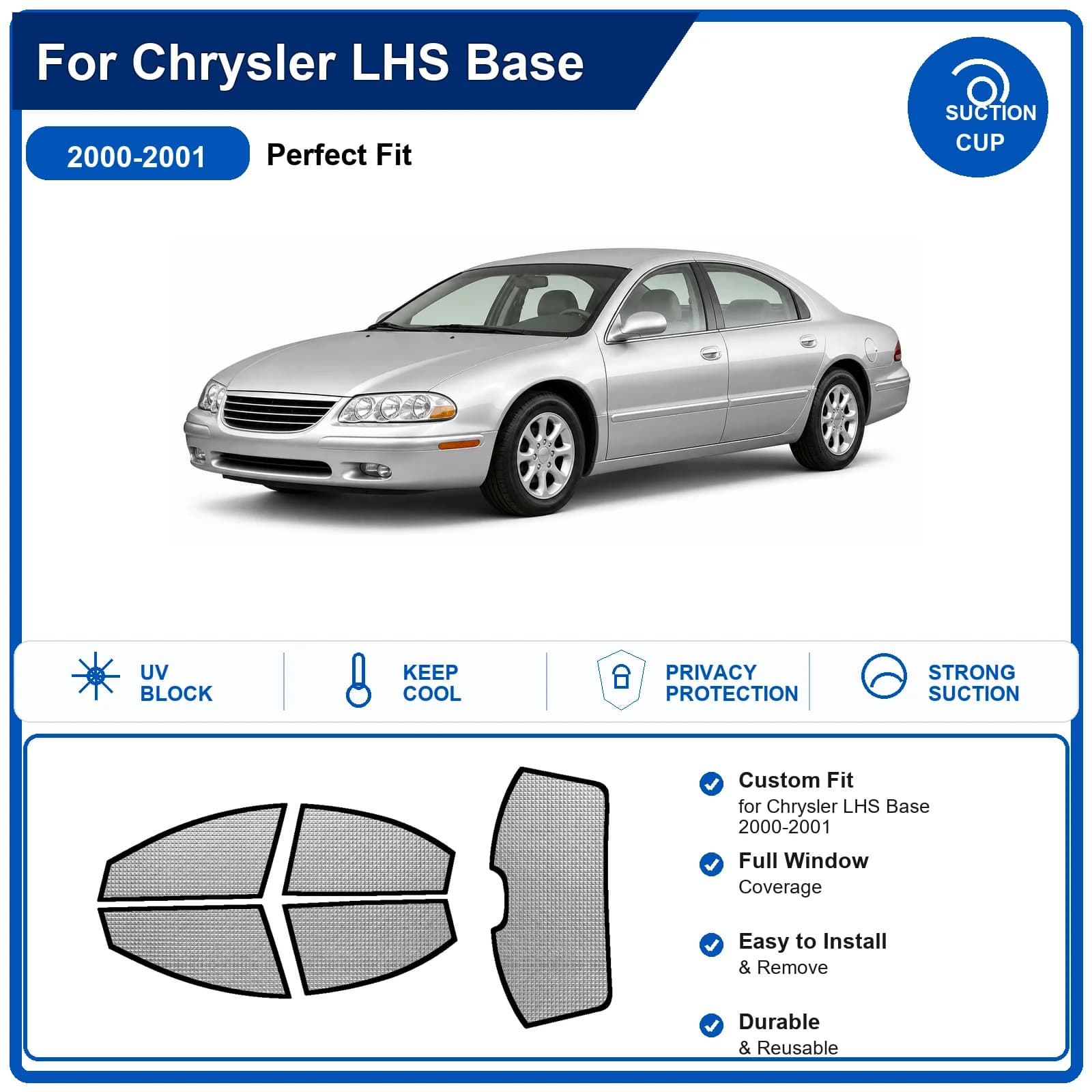 For Chrysler LHS Base 2000-2001 Custom Full Set Windshield Sun Shade Aluminum Foil Heat Insulation Anti UV Foldable