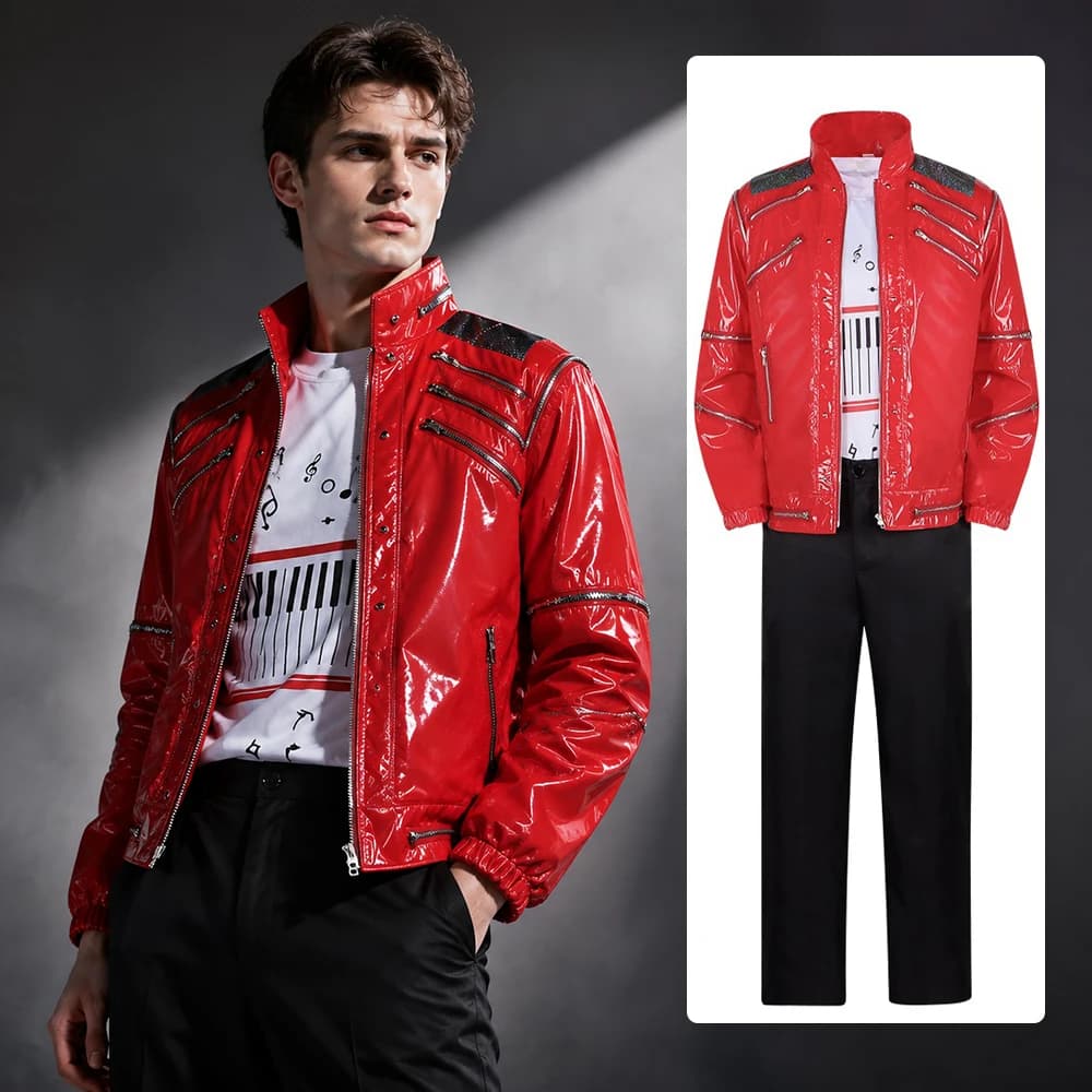Men Red Leather Jacket Michael Jackson Cosplay Costume Music Note T-shirt Pants MJ Stage Performance Outfit Halloween Party Suit