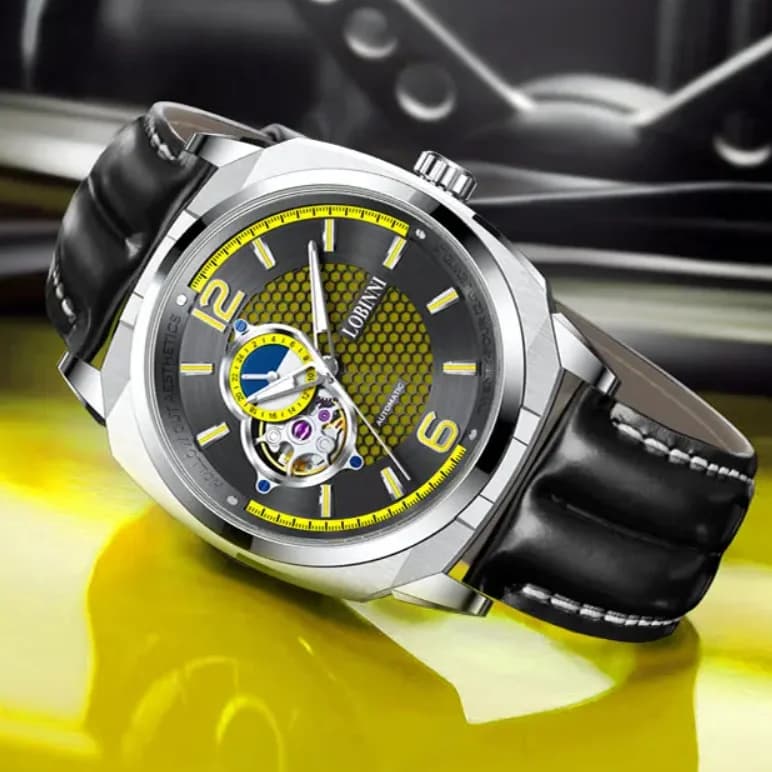 LOBINNI Men Automatic Watch 43mm Mechanical Wristwatch 50m Waterproof Hollow Out Dial Clock Sapphire24 Hours