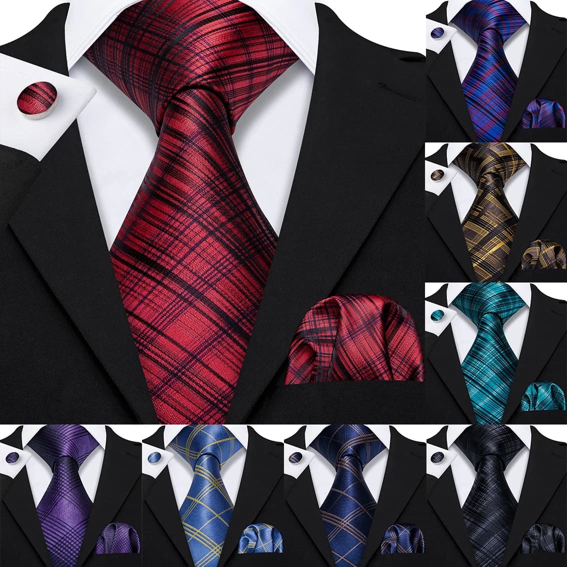 Cravatte a quadri gialle per uomo, set cravatta, fazzoletto e gemelli da uomo, 15 colori, cravatta dal design alla moda S-5241