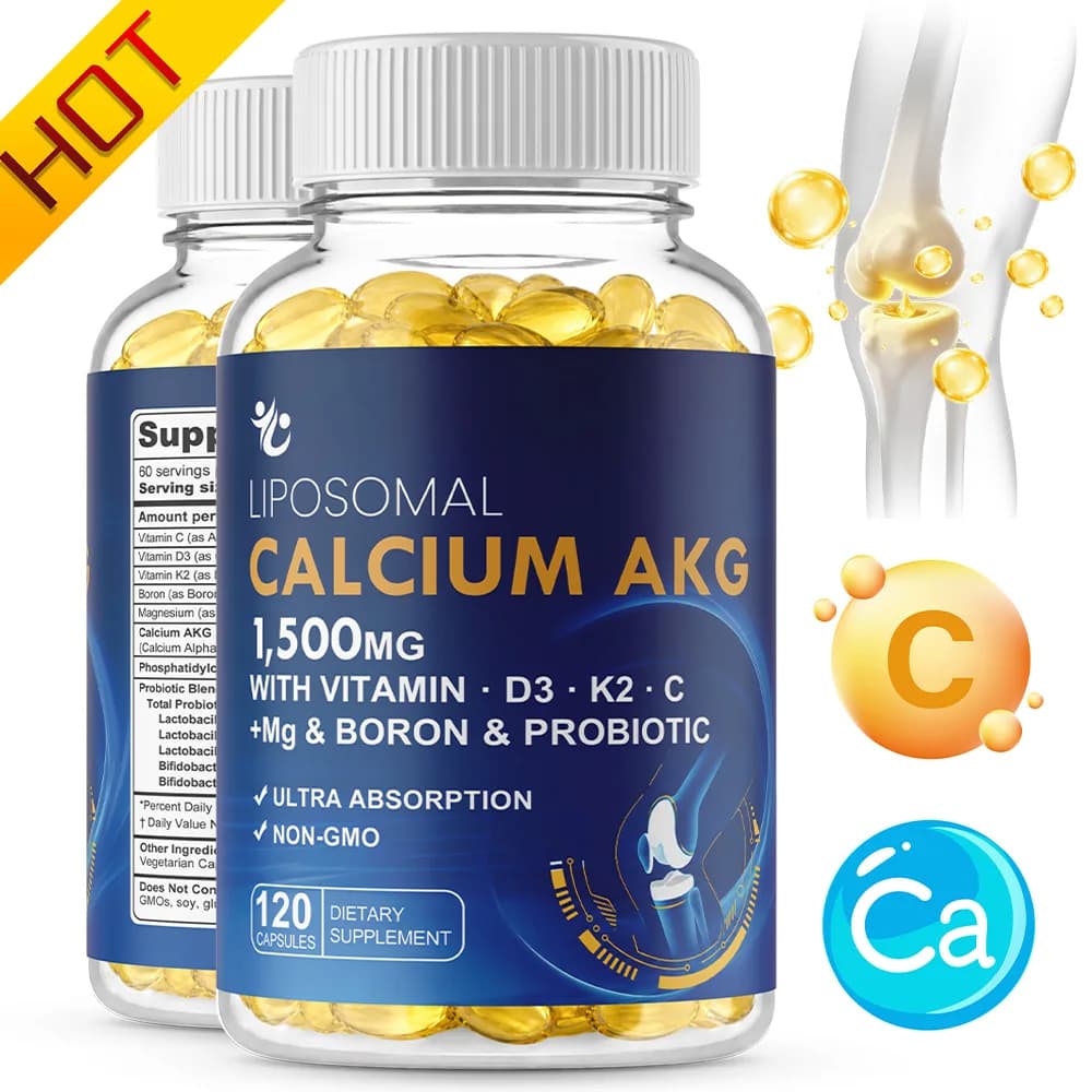 Liposomal Calcium AKG Supplement 1500mg - with Vitamin D3 K2 Magnesium Glycinate, Boron & Probiotics for Bone Health